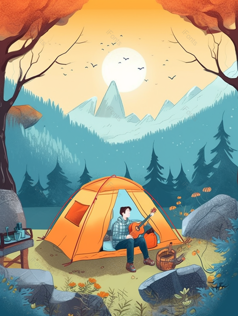 黄昏清晨帐篷户外露营出行弹吉他插画,插画/手绘图,插画/手绘图库,插画/手绘图下载,插画/手绘